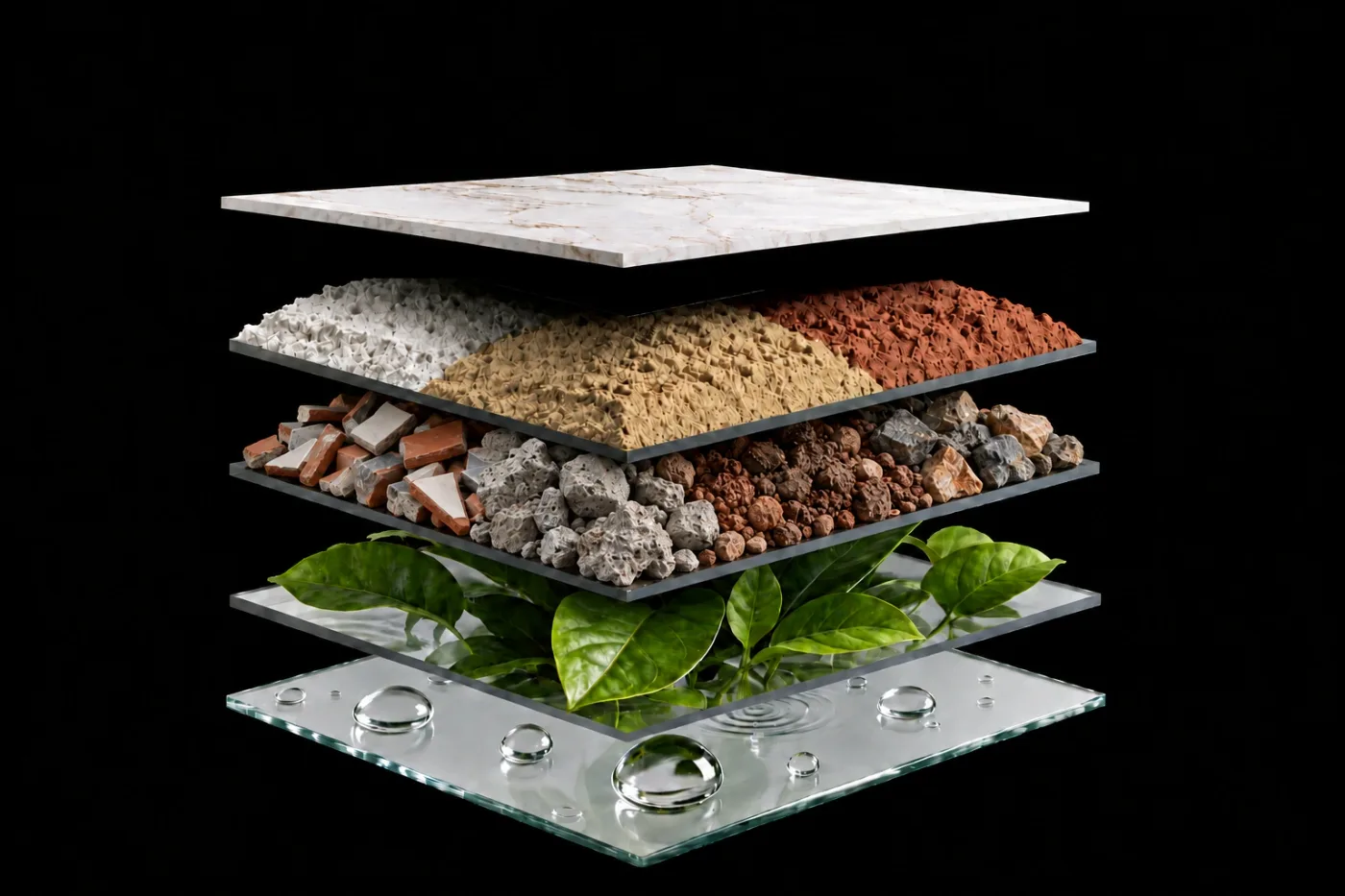 Layered mineral structure of Econiclay®: soil, stone offcuts, plants and water